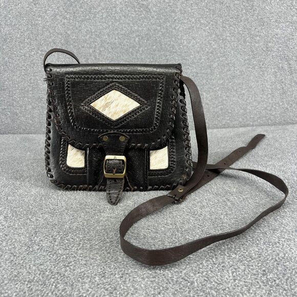 Vintage Hand Tooled Leather Crossbody Purse Womens Brown Hair-On Hide Western - Picture 1 of 15